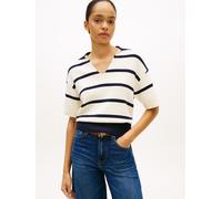 Strickpullover TOMMY HILFIGER "CO FULL NEEDLE POLO SS SWT", Damen, Gr. M (40), big stp calico, schwarz n navy, Strick, Obermaterial: 100% Baumwolle, gestreift, regular fit normal, V-Ausschnitt, Pullov