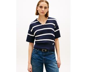 Strickpullover TOMMY HILFIGER "CO FULL NEEDLE POLO SS SWT", Damen, Gr. XS (34), big stp schwarz night, ivory petal, Strick, Obermaterial: 100% Baumwolle, gestreift, regular fit normal, V-Ausschnitt, P