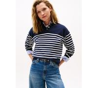 Strickpullover TOMMY HILFIGER "CO JERSEY GOLD BTN MOCK-NK SWT", Damen, Gr. L (40), weiß (placed thin weiß stp sweaters), Strick, Obermaterial: 75% Baumwolle, 25% Polyamid, gestreift, hüftlang, Rundhal