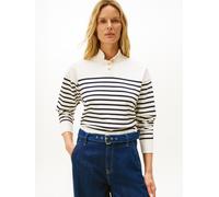 Strickpullover TOMMY HILFIGER "CO JERSEY GOLD BTN MOCK-NK SWT", Damen, Gr. M (38), blau (placed thin navy stp sweaters), Strick, Obermaterial: 75% Baumwolle, 25% Polyamid, gestreift, hüftlang, Rundhal