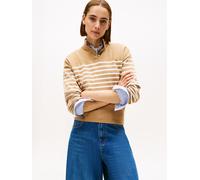 Strickpullover TOMMY HILFIGER "CO JERSEY GOLD BTN MOCK-NK SWT", Damen, Gr. S (36), placed thin beige stp sweaters, Strick, Obermaterial: 75% Baumwolle, 25% Polyamid, gestreift, casual, hüftlang, Rundh