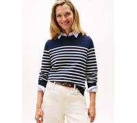 Strickpullover TOMMY HILFIGER "CO JERSEY MID GG LS GOLD BTN SWT", Damen, Gr. XXL (44), placed thin weiß stp sweaters, Strick, Obermaterial: 75% Baumwolle, 25% Polyamid, gestreift, normal, Rundhals, Pu