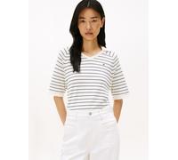 Strickpullover TOMMY HILFIGER "CO JERSEY STCH POLO V-NK S/S SWT", Damen, Gr. S (36), beige (ivory silk, schwarz night navy fine stp), Strick, Obermaterial: 100% Baumwolle, gestreift, regular fit, V-Au