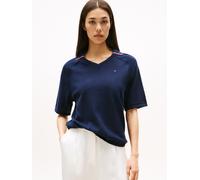 Strickpullover TOMMY HILFIGER "CO JERSEY STCH POLO V-NK S/S SWT", Damen, Gr. XS (34), blau (schwarz night navy gs), Strick, Obermaterial: 100% Baumwolle, unifarben, regular fit, V-Ausschnitt, Pullover