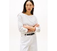 Strickpullover TOMMY HILFIGER "CO JERSEY STITCH BOAT-NK SWEATER", Damen, Gr. XXL (44), ivory silk, schwarz night navy fine stp, Strick, Obermaterial: 67% Baumwolle, 33% Polyamid, gestreift, casual, Ba