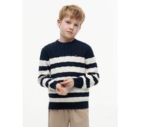Strickpullover TOMMY HILFIGER "COTTON CABLE SWEATER", Jungen, Gr. 7 (122), dunkelblau, ivory petal stripe, Strick, Obermaterial: 100% Baumwolle, gestreift, regular fit normal, Rundhals, Bündchen, Pull