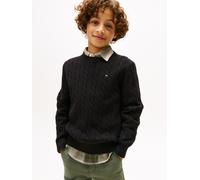 Strickpullover TOMMY HILFIGER "COTTON CABLE SWEATER", Jungen, Gr. 8 (128), schwarz, Strick, Obermaterial: 100% Baumwolle, regular fit hüftlang, Rundhals, Bündchen, Pullover Strickpullover, für Kinder 