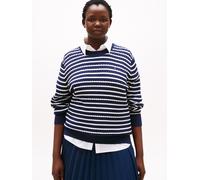Strickpullover TOMMY HILFIGER CURVE "CRV CO CABLE FINE GG C-NK LS SWT", Damen, Gr. 46, schwarz night navy, ivory silk stp, Strick, Obermaterial: 100% Baumwolle, gestreift, figurbetont normal, Rundhals