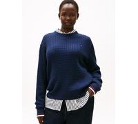 Strickpullover TOMMY HILFIGER CURVE "CRV CO CABLE FINE GG C-NK LS SWT", Damen, Gr. 46, schwarz night navy gs tipping, Strick, Obermaterial: 100% Baumwolle, figurbetont normal, Rundhals, Rippstrickbünd