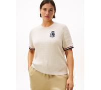 Strickpullover TOMMY HILFIGER CURVE "CRV CO CABLE FINE GG GPC SS SWT", Damen, Gr. 50, htr oatmeal gs tipping, Strick, Obermaterial: 100% Baumwolle, unifarben mit Farbeinsatz, Rundhals, Bündchen, Pullo