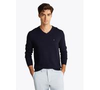 Strickpullover TOMMY HILFIGER "ESSENTIAL COTTON V NECK mit V-Ausschnitt und Stickerei", Herren, Gr. L, blau (desert sky), Strick, Obermaterial: 100% Baumwolle, V-Ausschnitt, Rippbündchen, Pullover Str