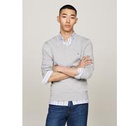 Strickpullover TOMMY HILFIGER "ESSENTIAL COTTON V NECK mit V-Ausschnitt und Stickerei", Herren, Gr. L, grau (light grau heather), Strick, Obermaterial: 100% Baumwolle, meliert, V-Ausschnitt, Rippbündc