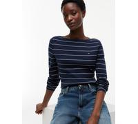 Strickpullover TOMMY HILFIGER "FULL NEEDLE BOAT-NK LS SWT", Damen, Gr. M (40), schwarz night navy, ivory pet stp, Strick, Obermaterial: 67% Baumwolle, 33% Polyamid, gestreift, normal, U-Boot-Ausschnit