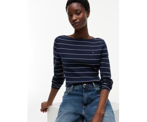 Strickpullover TOMMY HILFIGER "FULL NEEDLE BOAT-NK LS SWT", Damen, Gr. S (36/38), schwarz night navy, ivory pet stp, Strick, Obermaterial: 67% Baumwolle, 33% Polyamid, gestreift, normal, U-Boot-Aussch