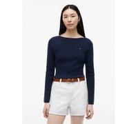 Strickpullover TOMMY HILFIGER "FULL NEEDLE BOAT-NK LS SWT", Damen, Gr. S (36/38), schwarz night navy, Strick, Obermaterial: 67% Baumwolle, 33% Polyamid, unifarben, normal, U-Boot-Ausschnitt, Pullover