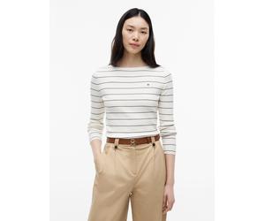 Strickpullover TOMMY HILFIGER "FULL NEEDLE BOAT-NK LS SWT", Damen, Gr. S (36/38), weiß (ivory petal, schwarz n navy stp), Strick, Obermaterial: 67% Baumwolle, 33% Polyamid, gestreift, normal, U-Boot-A