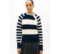 Strickpullover TOMMY HILFIGER "GOLD BTN UTILITY LS C-NK SWT", Damen, Gr. S (36/38), big brt stp schwarz night, calico, Strick, Obermaterial: 100% Baumwolle, gestreift, regular fit normal, Rundhals, Pu
