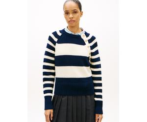 Strickpullover TOMMY HILFIGER "GOLD BTN UTILITY LS C-NK SWT", Damen, Gr. S (36/38), big brt stp schwarz night, calico, Strick, Obermaterial: 100% Baumwolle, gestreift, regular fit normal, Rundhals, Pu