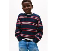 Strickpullover TOMMY HILFIGER "HALF CARDIGAN C-NECK SWEATER", Jungen, Gr. 4 (104), bunt (schwarz night navy multi stripe), Strick, Obermaterial: 60% Baumwolle, 40% Polyacryl, gestreift, mehrfarbig, re