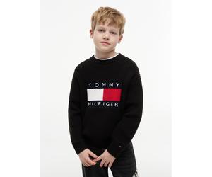 Strickpullover TOMMY HILFIGER "HERITAGE FLAG", Jungen, Gr. 12 (152), schwarz, Strick, Obermaterial: 60% Baumwolle, 40% Polyacryl, unifarben, regular fit normal, Rundhals, Bündchen, Pullover Strickpull