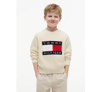 Strickpullover TOMMY HILFIGER, Jungen, Gr. 74, weiß (ivory silk), Strick, Obermaterial: 60% Baumwolle, 40% Polyacryl, unifarben, regular fit hüftlang, Rundhals, eingesetzt Rippstrickbündchen, Pullover