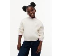 Strickpullover TOMMY HILFIGER, Mädchen, Gr. 14 (164), weiß (ivory petal), Strick, Obermaterial: 100% Baumwolle, unifarben, regular fit normal, Rundhals, Bündchen, Pullover Strickpullover, Rundhalsauss