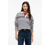 Strickpullover TOMMY HILFIGER "RWB POLO BOXY FIT SWT", Damen, Gr. L (42/44), grau (medium grau heather), Strick, Obermaterial: 100% Wolle, gemustert, meliert, normal, Rundhals, Rippstrickbündchen, Pul