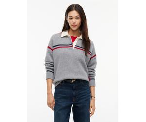 Strickpullover TOMMY HILFIGER "RWB POLO BOXY FIT SWT", Damen, Gr. M (40), grau (medium grau heather), Strick, Obermaterial: 100% Wolle, gemustert, meliert, normal, Rundhals, Rippstrickbündchen, Pullov