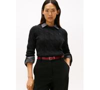 Strickpullover TOMMY HILFIGER "SOFT WOOL CABLE C-NK", Damen, Gr. XS (34), schwarz, Strick, Obermaterial: 100% Wolle, unifarben, normal, Rundhals, Bündchen, Pullover Strickpullover, mit Zopfmuster, aus