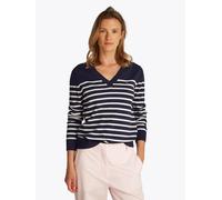 Strickpullover TOMMY HILFIGER "STITCH V-NECK", Damen, Gr. L (42/44), blau (schwarz night navy, ivory petal stp), Feinstrick, Obermaterial: 67% Baumwolle, 33% Polyamid, gestreift, Basic, regular fit no
