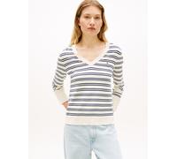 Strickpullover TOMMY HILFIGER "STITCH V-NECK", Damen, Gr. S (36/38), calico, schwarz n navy, blau stp, Feinstrick, Obermaterial: 67% Baumwolle, 33% Polyamid, gestreift, Basic, regular fit normal, V-Au