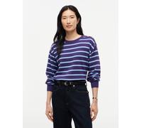 Strickpullover TOMMY HILFIGER "STRIPED SCRIPT LOGO SWEATER LS", Damen, Gr. L (42/44), breton stp fresh blauberry lau, Strick, Obermaterial: 100% Baumwolle, gestreift, normal, Rundhals, Pullover St