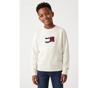 Strickpullover TOMMY HILFIGER "WAVY FLAG SWEATER LS", Jungen, Gr. 14 (164), weiß (ivory silk), Strick, Obermaterial: 100% Baumwolle, unifarben, normal, Rundhals, Rippstrickbündchen, Pullover Strickpul