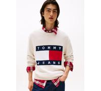 Strickpullover TOMMY JEANS "TJM MELANGE FLAG SWEATER", Herren, Gr. S, weiß (ancient weiß htr), Sweatware, Obermaterial: 100% Baumwolle, casual, hüftbedeckend, Rundhals, Langarm Rippbündchen, Pullover,