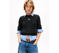 Strickpullover TOMMY JEANS "TJW CABLE SCRIPT SWEATER", Damen, Gr. XS (34), schwarz, Strick, Obermaterial: 100% Baumwolle, unifarben, Pullover Strickpullover, mit Zopfmuster (14396148-XS) schwarz