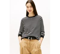 Strickpullover TOMMY JEANS "TJW ESSENTIAL CREW SWEATER EXT", Damen, Gr. M (38), schwarz, ecru stripe, Feinstrick, Obermaterial: 100% Baumwolle, gestreift, regular fit normal, Rundhals, Rippstrickbündc