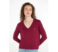 Strickpullover TOMMY JEANS "TJW ESSENTIAL VNECK SWEATER EXT", Damen, Gr. XS (34), lila (valley lila melange), Strick, Obermaterial: 53% Baumwolle, 40% Viskose, 7% Polyamid, meliert, Basic, regular fit