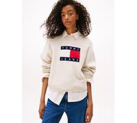 Strickpullover TOMMY JEANS "TJW MELANGE FLAG SWEATER RIB EXT", Damen, Gr. M (38), weiß (ancient weiß htr), Strick, Obermaterial: 70% Polyacryl, 23% Polyamid, 5% Wolle, 2% Elasthan, meliert, figurbeton
