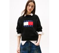 Strickpullover TOMMY JEANS "TJW MELANGE FLAG SWEATER RIB EXT", Damen, Gr. XXL (44), schwarz (schwarz htr), Strick, Obermaterial: 70% Polyacryl, 23% Polyamid, 5% Wolle, 2% Elasthan, meliert, figurbeton