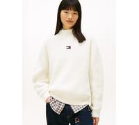 Strickpullover TOMMY JEANS "TJW MOCKNECK BADGE SWEATER EXT", Damen, Gr. XL (42), ancient weiß, Strick, Obermaterial: 53% Polyester, 38% Nylon, 9% Wolle, unifarben, regular fit normal, Rundhals, Rippbü