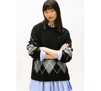 Strickpullover TOMMY JEANS "TJW OVS ARGYLE POLO SWEATER", Damen, Gr. S (36), schwarz, Strick, Obermaterial: 69% Polyacryl, 23% Polyester, 8% Alpaka, gemustert, regular fit, Pullover Strickpullover (10