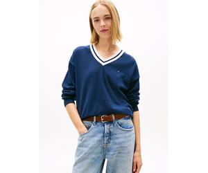 Strickpullover TOMMY JEANS "TJW RLX V-NECK TIPPING SWEATER", Damen, Gr. M (38), blau (schwarz night navy), Strick, Obermaterial: 100% Baumwolle, relaxed fit, Pullover Strickpullover (87498413-M) schwa