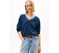 Strickpullover TOMMY JEANS "TJW RLX V-NECK TIPPING SWEATER", Damen, Gr. XL (42), schwarz night navy, Strick, Obermaterial: 100% Baumwolle, relaxed fit, Pullover Strickpullover (87498413-XL) schwarz ni