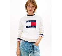 Strickpullover TOMMY JEANS "TJW TIPPING FLAG SWEATER EXT", Damen, Gr. S (36), ancient weiß, Strick, Obermaterial: 100% Baumwolle, unifarben, Pullover Strickpullover (99410118-S) ancient weiß
