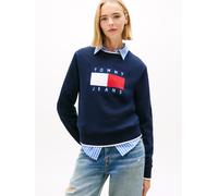 Strickpullover TOMMY JEANS "TJW TIPPING FLAG SWEATER EXT", Damen, Gr. S (36), schwarz night navy, Strick, Obermaterial: 100% Baumwolle, unifarben, relaxed fit hüftbedeckend, Rundhals, Rippstrickbündch