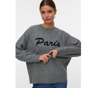 Strickpullover VERO MODA "VMBOOM LS O-NECK TEXT PULLOVER NOOS", Damen, Gr. L, medium grau melange detail:with schwarz with paris text, Strick, Obermaterial: 85% Polyester, 7% Polyacryl, 5% Wolle, 3% E