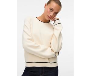 Strickpullover VERO MODA "VMGOLD LS O-NECK DOUBLE CONTRAST PULL", Damen, Gr. M, birch detail:with schwarz, Strick, Obermaterial: 50% Viskose, 28% Polyester, 22% Nylon, unifarben mit Farbeinsatz, regul