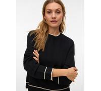Strickpullover VERO MODA "VMGOLD LS O-NECK DOUBLE CONTRAST PULL", Damen, Gr. M, schwarz detail:with birch, Strick, Obermaterial: 50% Viskose, 28% Polyester, 22% Nylon, unifarben mit Farbeinsatz, regul