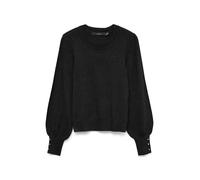 Strickpullover VERO MODA "VMHAPPY LS O-NK BUTTON CUFF PULLOVER BOO", Damen, Gr. XL, schwarz detail:gold buttons, Strick, Obermaterial: 50% Viskose, 28% Polyester, 22% Nylon, gestreift, regular fit nor