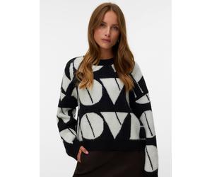Strickpullover VERO MODA "VMLOVE LS O-NECK PULLOVER BOO", Damen, Gr. S, schwarz detail:with birch big love, Strick, Obermaterial: 52% Polyester, 40% Polyacryl, 5% Wolle, 3% Elasthan, gemustert, regula